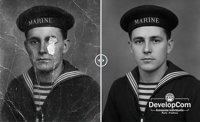 Restauration de photo ancienne abîmée — retouche, reconstruction et reproduction haute qualité